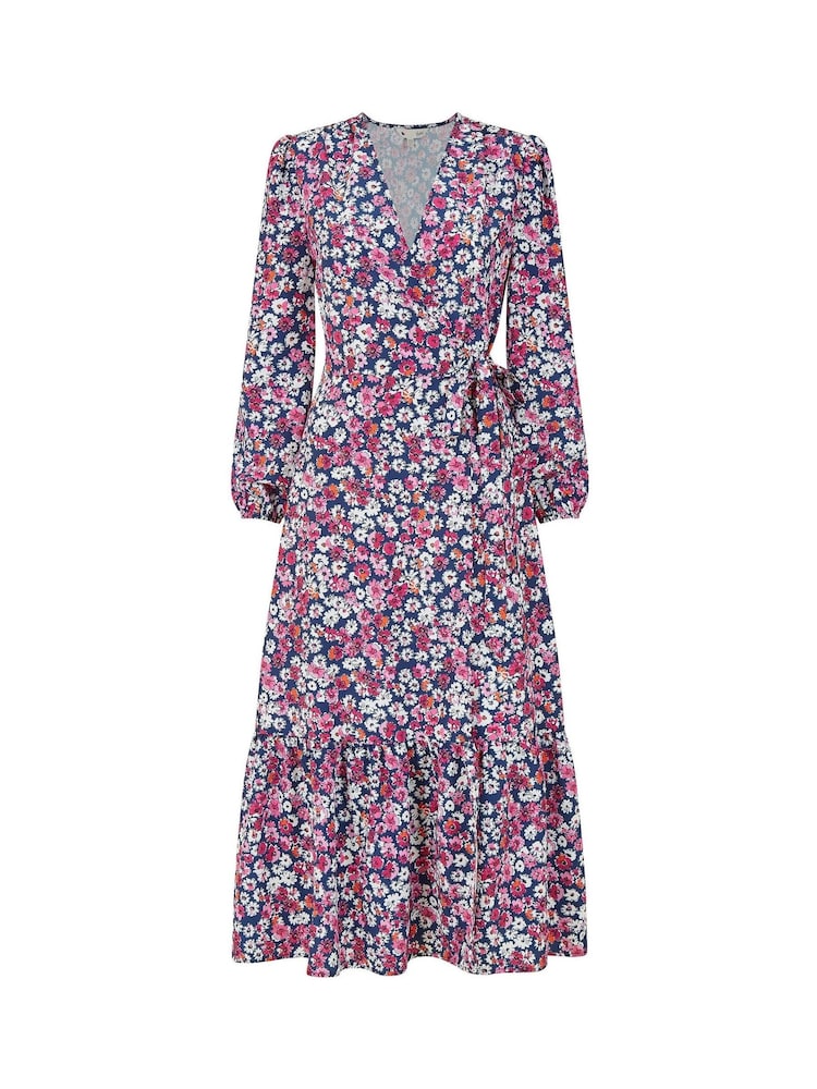 Yumi Pink Daisy Print Wrap Midi Dress With Long Sleeves - Image 5 of 5