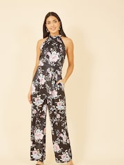Yumi Black Floral Satin Halter neck Jumpsuit - Image 1 of 4