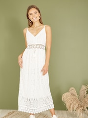 Yumi White Lace Midi Sundress With Tassel Tie and Ruched Back - Image 1 of 5