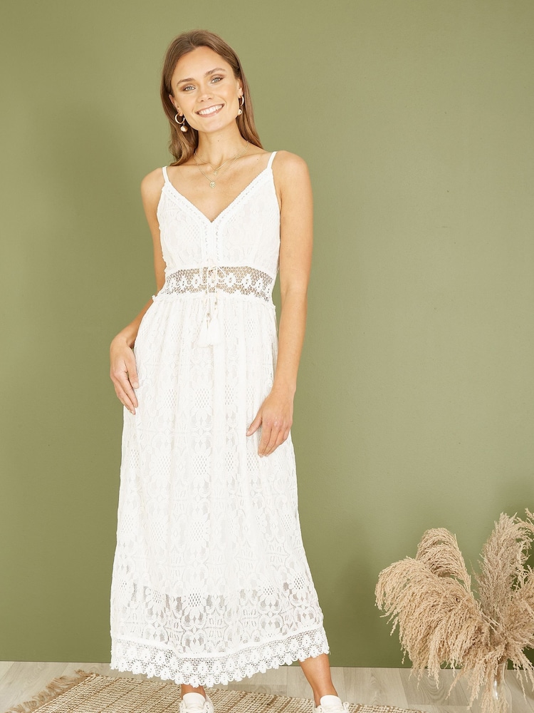 Yumi White Lace Midi Sundress With Tassel Tie and Ruched Back - Image 1 of 5