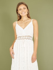 Yumi White Lace Midi Sundress With Tassel Tie and Ruched Back - Image 2 of 5