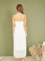 Yumi White Lace Midi Sundress With Tassel Tie and Ruched Back - Image 4 of 5