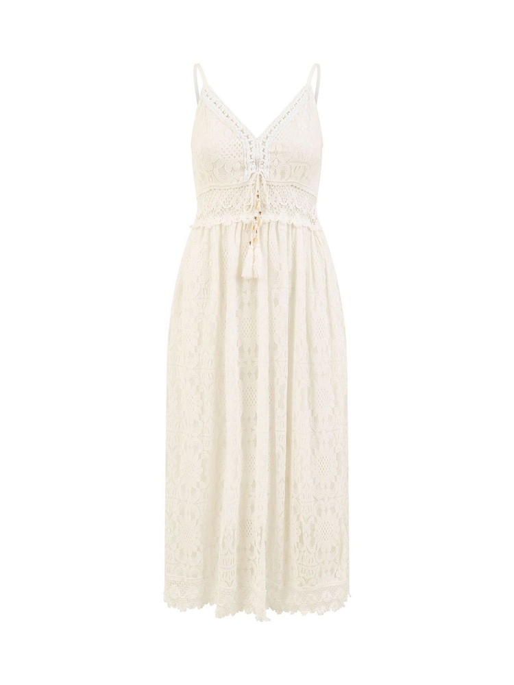 Yumi White Lace Midi Sundress With Tassel Tie and Ruched Back - Image 5 of 5