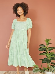 Yumi Green Gingham Smock Puff Sleeve 100% Cotton Midi Dress - Image 1 of 5