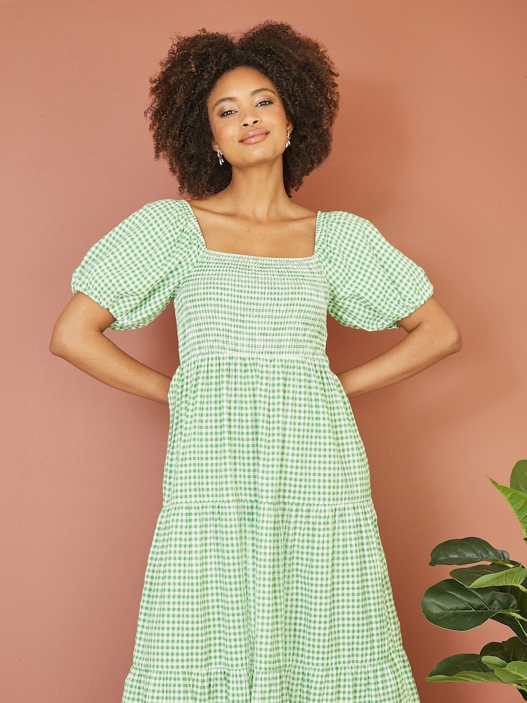 Yumi Green Gingham Smock Puff Sleeve 100% Cotton Midi Dress - Image 2 of 5