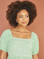 Yumi Green Gingham Smock Puff Sleeve 100% Cotton Midi Dress - Image 4 of 5