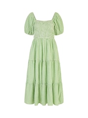 Yumi Green Gingham Smock Puff Sleeve 100% Cotton Midi Dress - Image 5 of 5