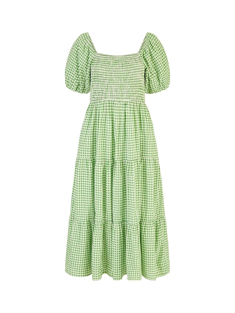 Yumi Green Gingham Smock Puff Sleeve 100% Cotton Midi Dress - Image 5 of 5