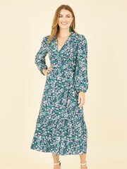 Yumi Green Daisy Print Wrap Midi Dress With Long Sleeves - Image 1 of 5