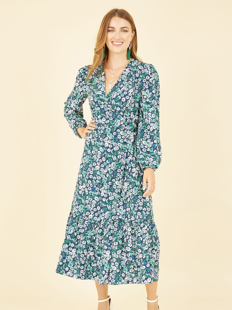 Yumi Green Daisy Print Wrap Midi Dress With Long Sleeves - Image 1 of 5