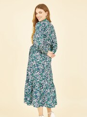 Yumi Green Daisy Print Wrap Midi Dress With Long Sleeves - Image 2 of 5