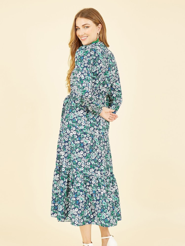 Yumi Green Daisy Print Wrap Midi Dress With Long Sleeves - Image 2 of 5