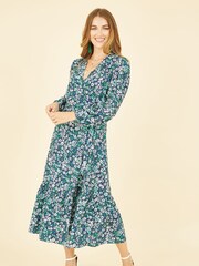 Yumi Green Daisy Print Wrap Midi Dress With Long Sleeves - Image 3 of 5