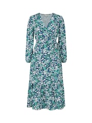 Yumi Green Daisy Print Wrap Midi Dress With Long Sleeves - Image 5 of 5