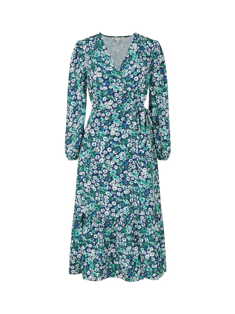 Yumi Green Daisy Print Wrap Midi Dress With Long Sleeves - Image 5 of 5