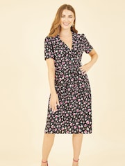 Yumi Black Floral Retro Shirtdress - Image 1 of 5