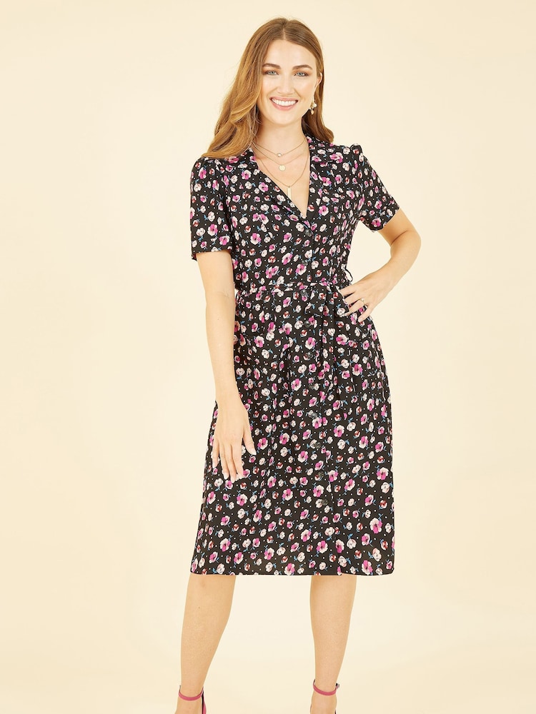 Yumi Black Floral Retro Shirtdress - Image 1 of 5