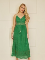 Yumi Green Lace Midi Sundress With Tassel Tie and Ruched Back - Image 1 of 5