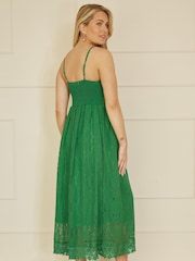 Yumi Green Lace Midi Sundress With Tassel Tie and Ruched Back - Image 4 of 5