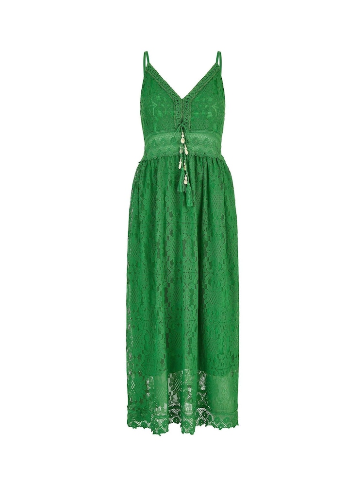 Yumi Green Lace Midi Sundress With Tassel Tie and Ruched Back - Image 5 of 5