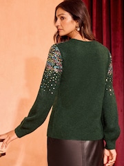 Love & Roses Christmas Green Scatter Sequin Cosy Crew Neck Jumper - Image 4 of 4