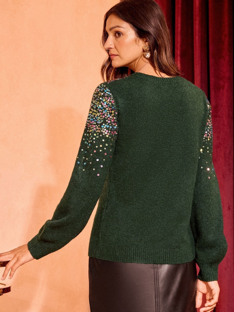 Love & Roses Christmas Green Scatter Sequin Cosy Crew Neck Jumper - Image 4 of 4 Love & Roses Christmas Green Scatter Sequin Cosy Crew Neck Jumper - Image 4 of 4