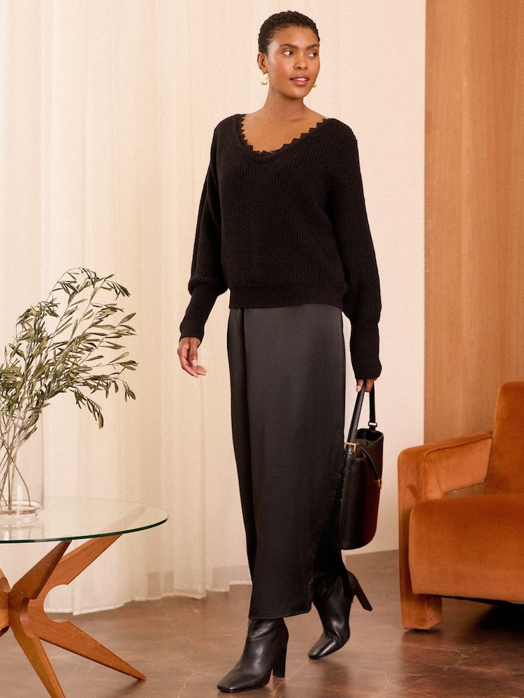 Love & Roses Black 2in1 Knitted Satin Midi Dress - Image 1 of 4 Love & Roses Black 2in1 Knitted Satin Midi Dress - Image 1 of 4