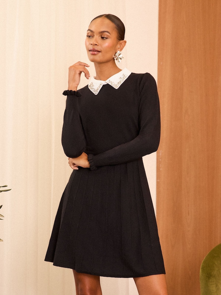 Love & Roses Black Fine Gauge Collared Knitted Dress - Image 1 of 4