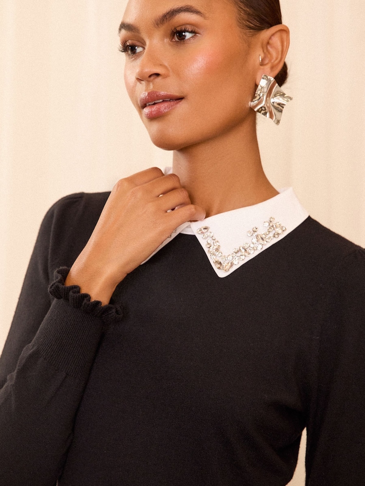 Love & Roses Black Fine Gauge Collared Knitted Dress - Image 2 of 4