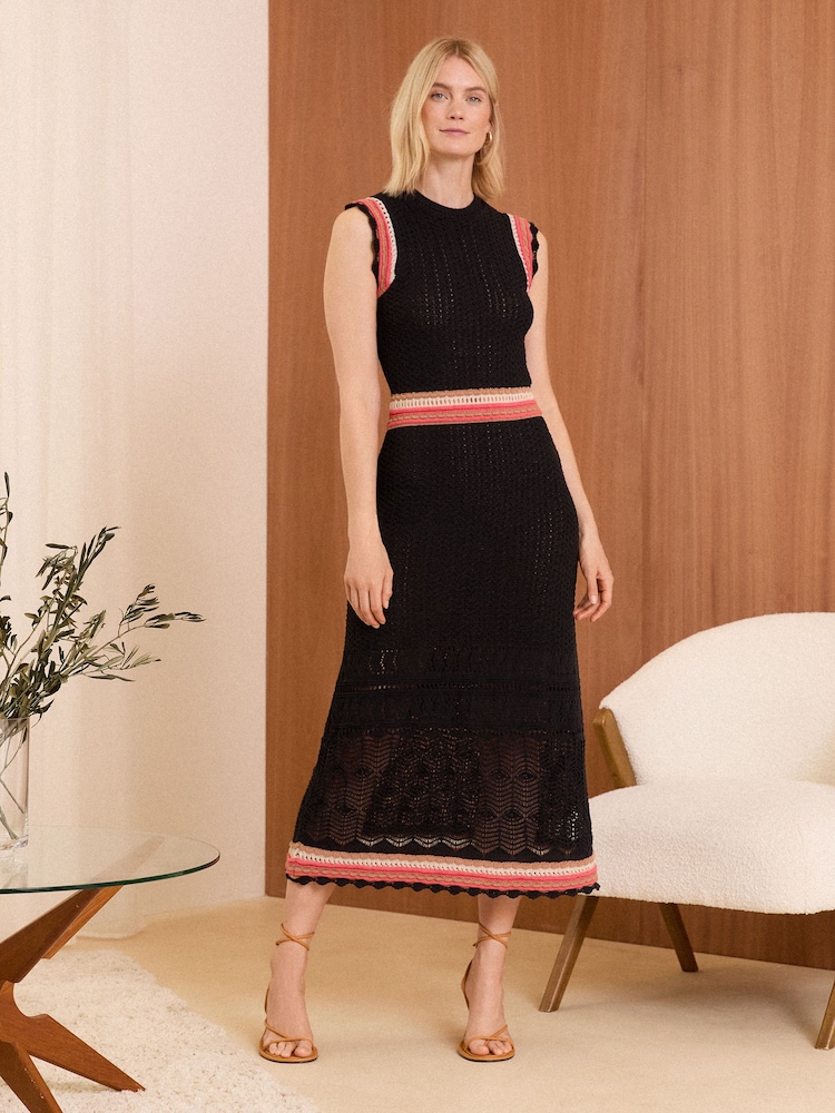 Love & Roses Black Sleeveless Crochet Stitch Knitted Midi Dress - Image 1 of 4