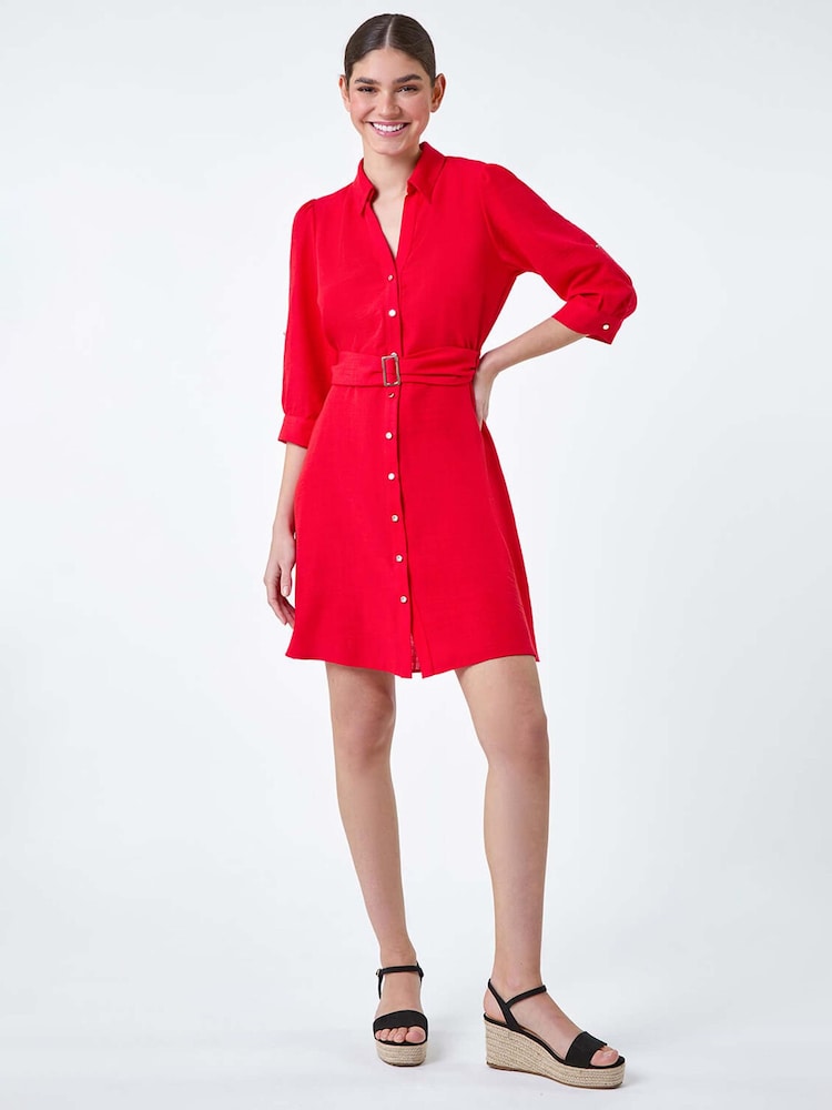 Roman Red Short Belted 100% Linen Shirt Dress - Image 1 of 5