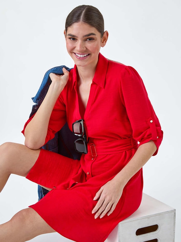 Roman Red Short Belted 100% Linen Shirt Dress - Image 2 of 5