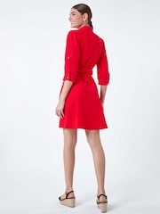 Roman Red Short Belted 100% Linen Shirt Dress - Image 3 of 5