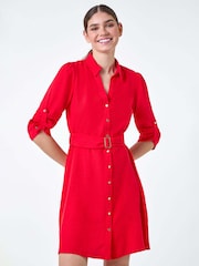 Roman Red Short Belted 100% Linen Shirt Dress - Image 4 of 5