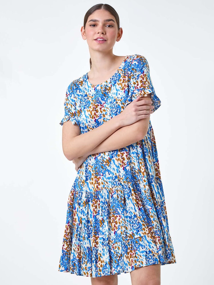 Roman Blue Abstract Print Tiered Smock Dress - Image 1 of 5