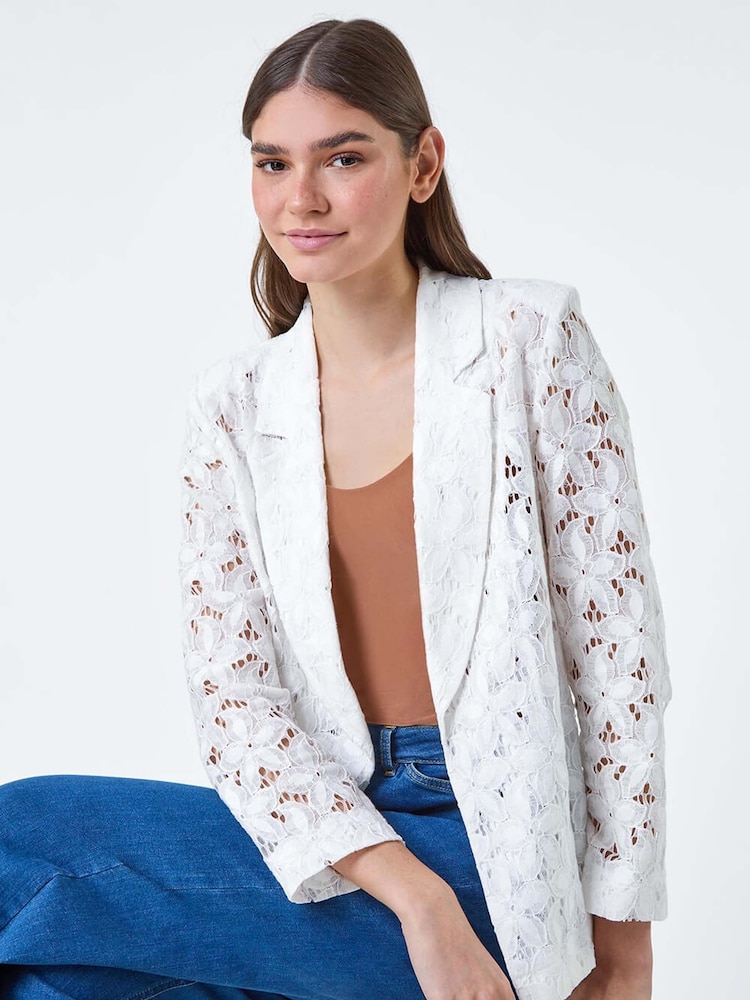 Roman White Cotton Blend Floral Lace Jacket - Image 1 of 5
