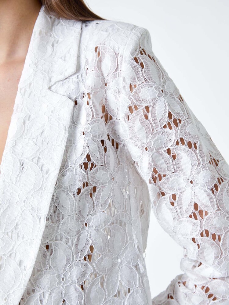Roman White Cotton Blend Floral Lace Jacket - Image 5 of 5