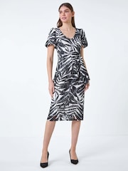 Roman Black Leaf Print Stretch Lace Tie Dress - Image 2 of 5