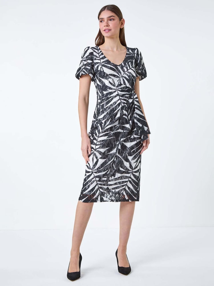 Roman Black Leaf Print Stretch Lace Tie Dress - Image 2 of 5