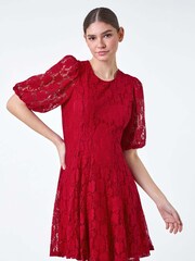 Roman Red Cotton Blend Lace Bell Sleeve Dress - Image 1 of 5