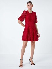 Roman Red Cotton Blend Lace Bell Sleeve Dress - Image 2 of 5