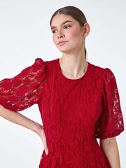 Roman Red Cotton Blend Lace Bell Sleeve Dress - Image 4 of 5