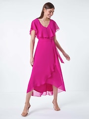 Roman Pink Plain Chiffon Midi Wrap Dress - Image 1 of 5