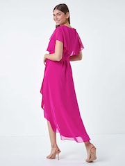 Roman Pink Plain Chiffon Midi Wrap Dress - Image 3 of 5
