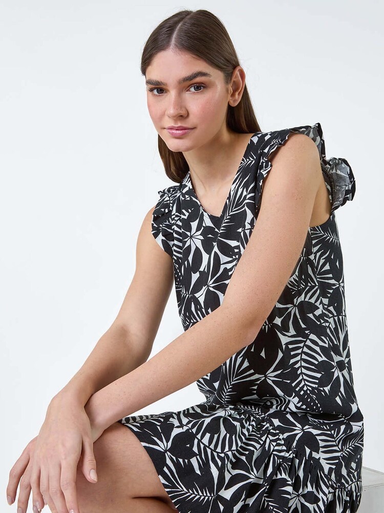 Roman Black Leaf Print Linen Blend Frill Detail Dress - Image 2 of 5 Roman Black Leaf Print Linen Blend Frill Detail Dress - Image 2 of 5