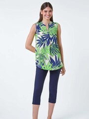 Roman Green Palm Leaf Tropical Print Sleeveless Blouse - Image 1 of 5