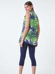 Roman Green Palm Leaf Tropical Print Sleeveless Blouse - Image 3 of 5