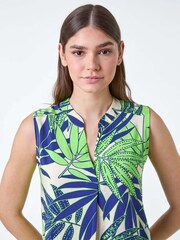 Roman Green Palm Leaf Tropical Print Sleeveless Blouse - Image 4 of 5