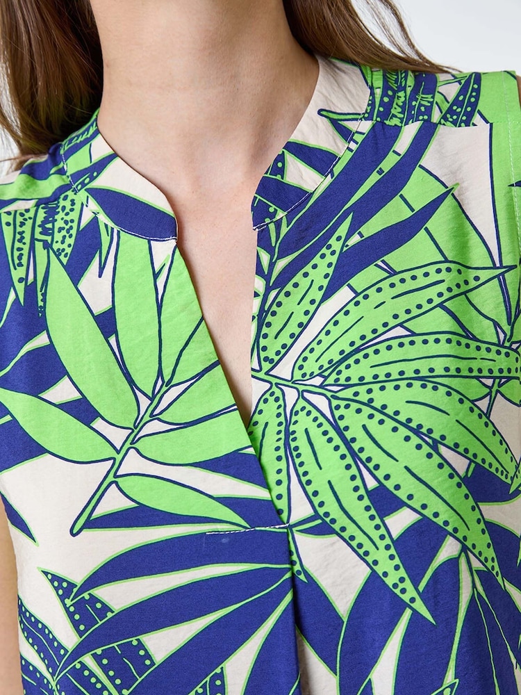 Roman Green Palm Leaf Tropical Print Sleeveless Blouse - Image 5 of 5