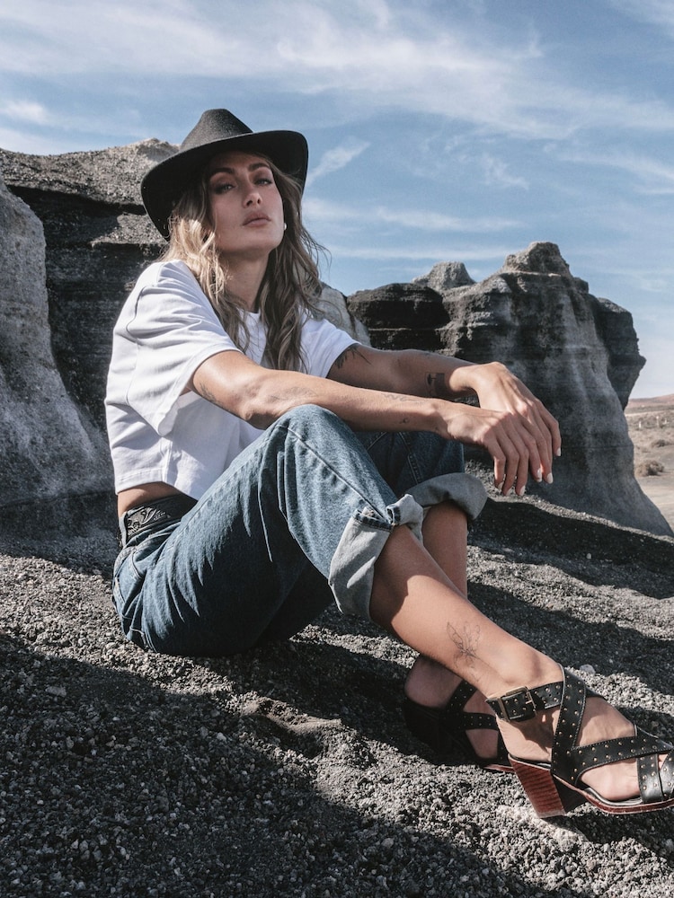 Moda in Pelle Mayley Asymmetrical Studded Western Black Sandals - Image 1 of 6